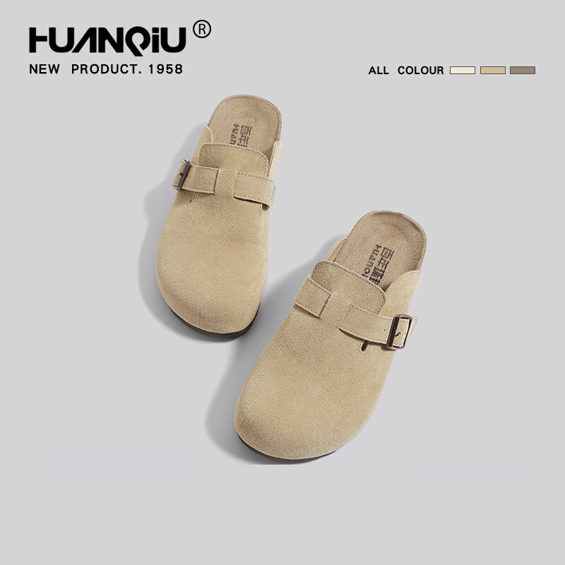 环球勃肯鞋女冬季加绒真皮牛皮半拖外穿包头厚底一脚蹬平底凉拖鞋 - 图0