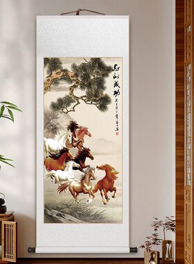 速发马到成功卷轴八画挂骏图式中新客厅装饰画骏马图玄关书房茶室