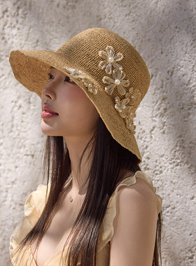 Ander Jurnal夏季朵朵花开拉菲草纯手工勾针盆帽草编帽渔夫帽遮阳