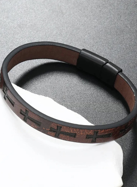 跨境热销欧美时尚手环男士手工编织十字架皮革手链合金磁铁扣手饰