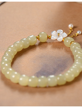 南山非遗文创设计款和田玉手链女国风优雅925银白贝樱花流苏手饰