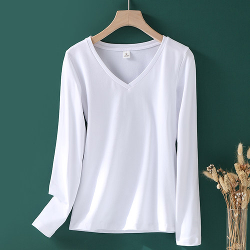 春秋新款白色v领长袖t恤女薄款弹力修身显瘦内搭打底衫纯棉上衣 - 图3
