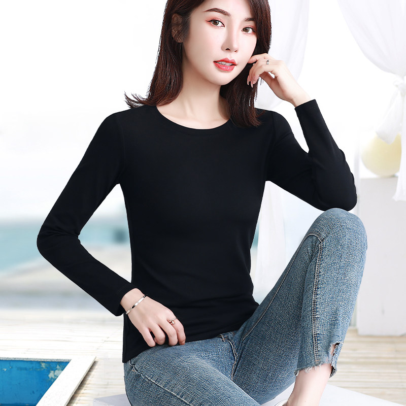 纯色简约圆领螺纹棉长袖t恤女弹力大码百搭基础显瘦打底衫春秋季,淘宝优惠券,粉丝福利购,淘宝优惠卷
