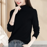 Демисезонный базовый приятный телу черный хлопковый лонгслив, высокий воротник, изысканный стиль