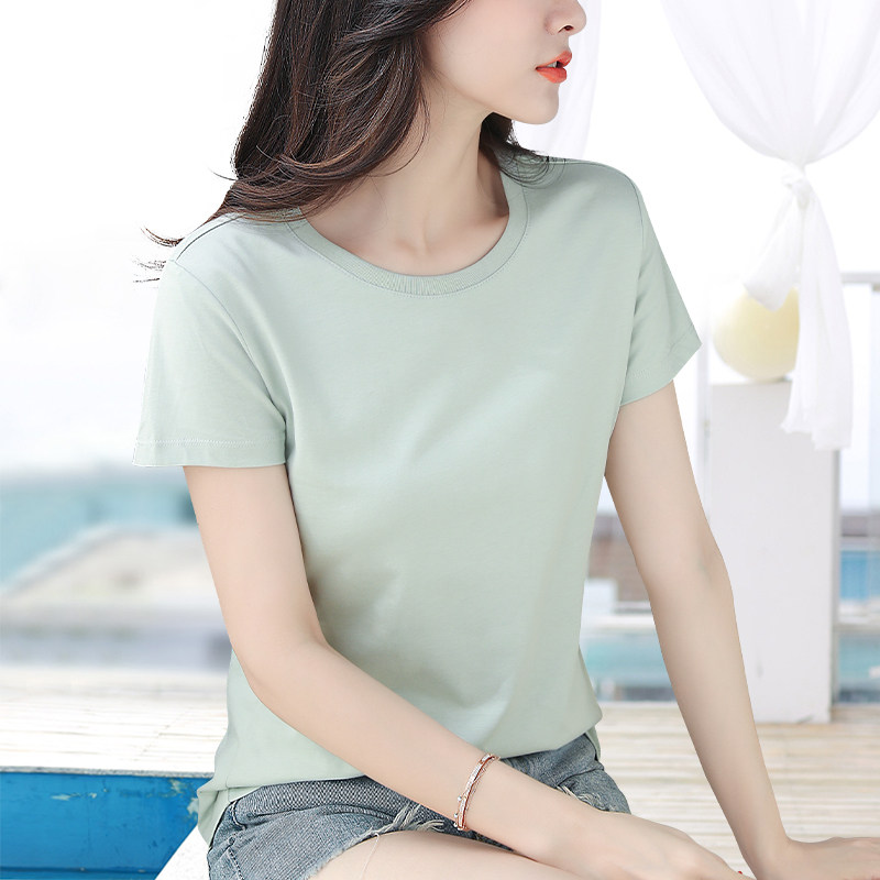 高品质纯棉t恤女浅淡抹茶绿色小圆领短袖体恤夏季弹力上衣打底衫 - 图3
