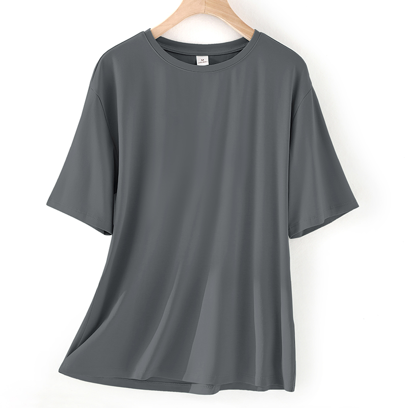 烟灰色圆领短袖t恤女夏季新款宽松遮肚子半截袖天丝薄款内搭上衣 - 图3
