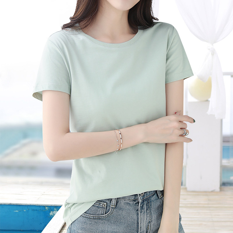 高品质纯棉t恤女浅淡抹茶绿色小圆领短袖体恤夏季弹力上衣打底衫 - 图0