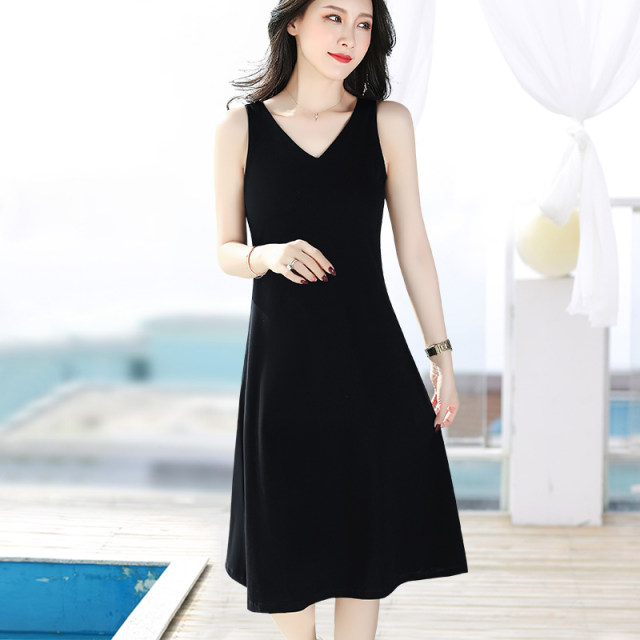 Black outer wear bottom v-neck sleeveless vest skirt A-line skirt