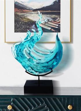 酒店样板间玄关客厅装饰品摆件现代别墅办公室透明树脂水浪花雕塑