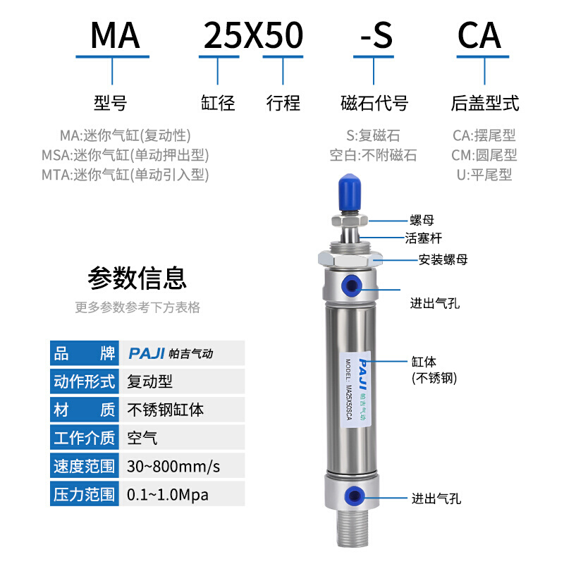 迷你气缸MA16X10X15X20X25X30X35X40X50X60X75X80X100X125X150SCA - 图0