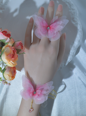 立体粉红蝴蝶开口戒指汉服甜美新中式国风复古风宫廷舞蹈跳舞仙女