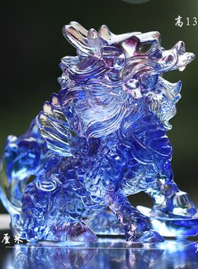 琉璃蓝色麒麟一对风水摆件居客厅商铺前台装饰摆放开Y业中式送礼