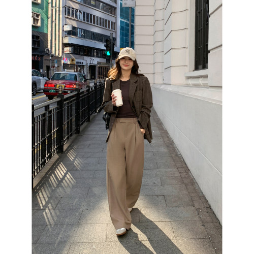 Maven Lin 挺括舒适 卡其色垂感阔腿西装裤女气质通勤休闲直筒裤 - 图1