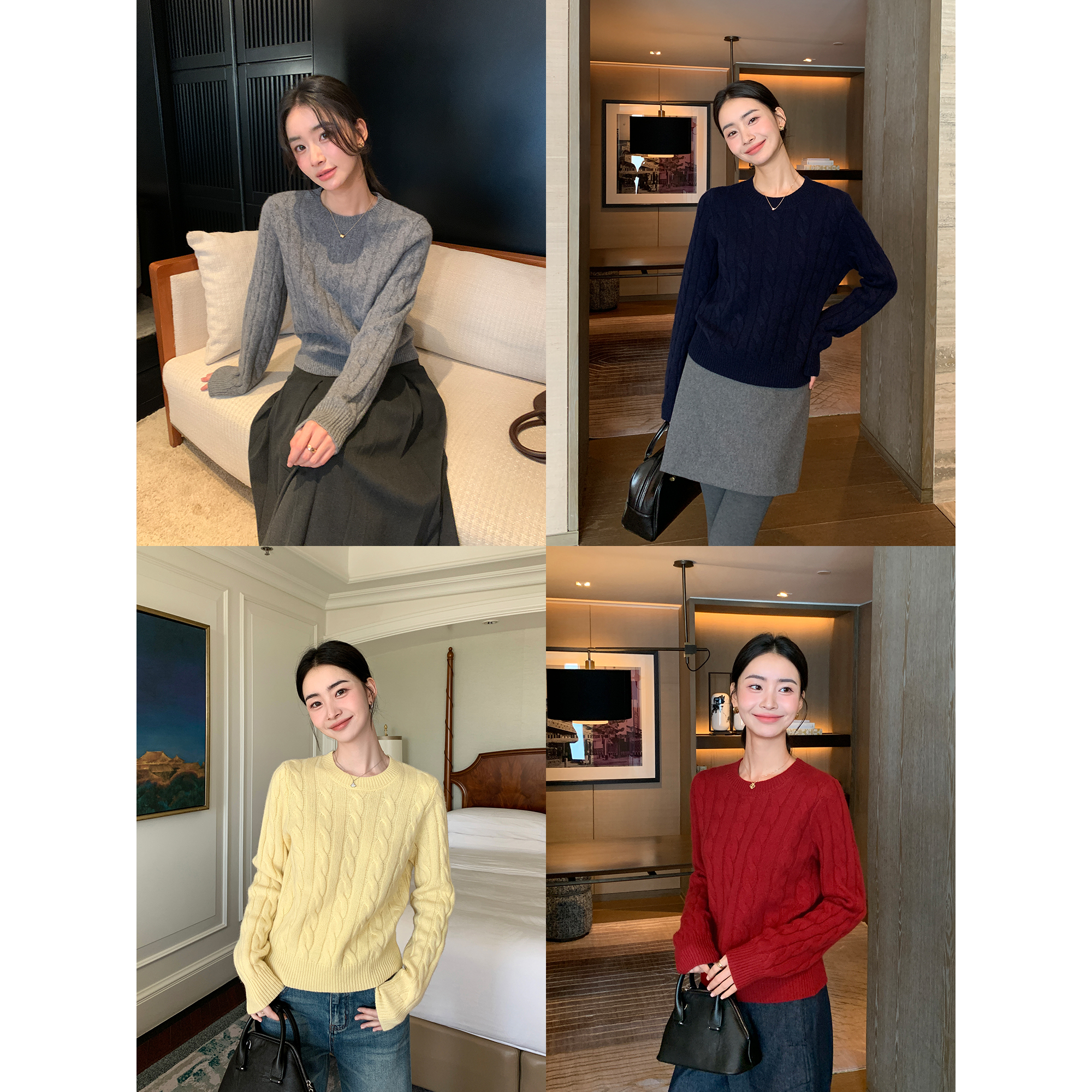 Maven Lin 立体绞花100羊毛针织上衣女秋冬新款宽松麻花圆领毛衣 - 图3