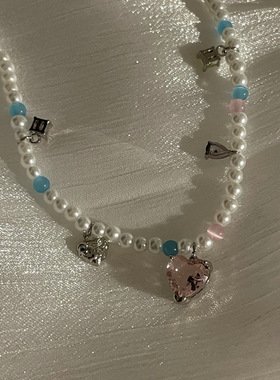 甜美粉色爱心锆石米粒珠项链