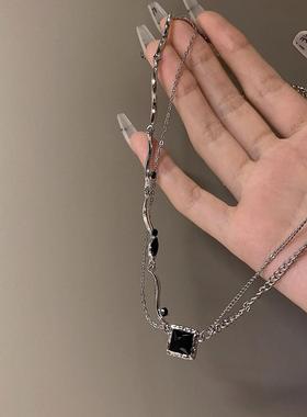 MaisonCleo黑色锆石方钻项链女甜酷锁骨链配饰小众网红冷淡风颈链