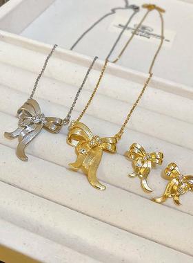 MaisonCleo欧美金属感锆石蝴蝶结飘带项链时尚简约百搭气质小众高