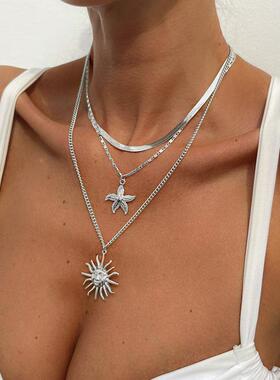 MaisonCleo3件套度假风金属感太阳人脸海星多层项链欧美个性气质