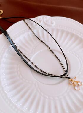 MaisonCleo小众锆石樱桃人工皮革双层锁骨项链个性暗黑风气质简约