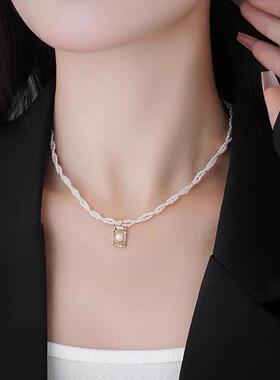 法式仙气双层麻花珍珠锁骨链