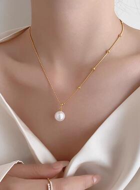 法式小珍珠不对称吊坠锁骨项链