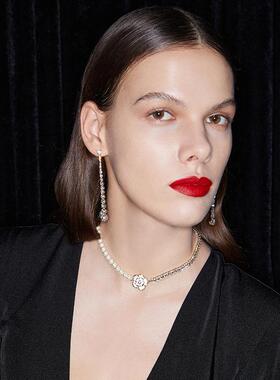 MaisonCleo真金电镀珍珠水钻花朵锁骨链欧美法式时尚优雅高级甜美