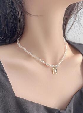 法式几何吊坠双层珍珠锁骨链