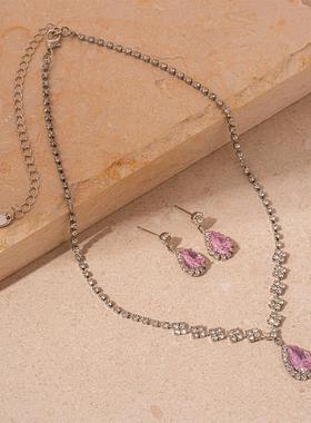 MaisonCleo2件套轻奢风镶钻锆石水滴耳钉项链时尚个性小众气质高