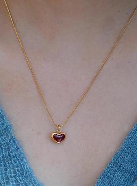 MaisonCleo「造型别致」复古红色滴油爱心项链女精致小巧锁骨链潮