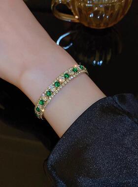 MaisonCleo手链女新款小众设计手环复古钻绿色手镯手饰镶钻闪亮