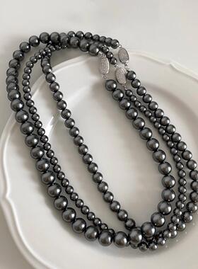 MaisonCleo深灰珍珠纯银毛衣链