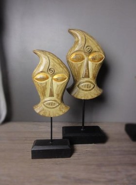 木制艺术摆件仿金色系列抽象木雕B创意非洲面具装饰柜工艺品摆设