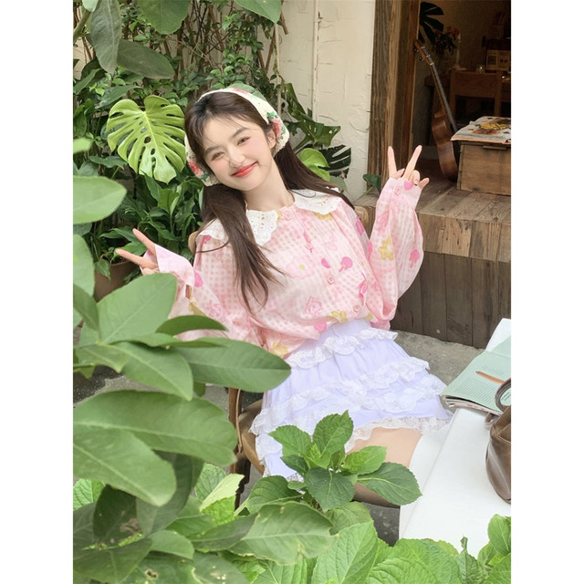 Fan Wenwen half-ripe peach lace stitching doll collar plaid shirt women's summer sweet loose long-sleeved top