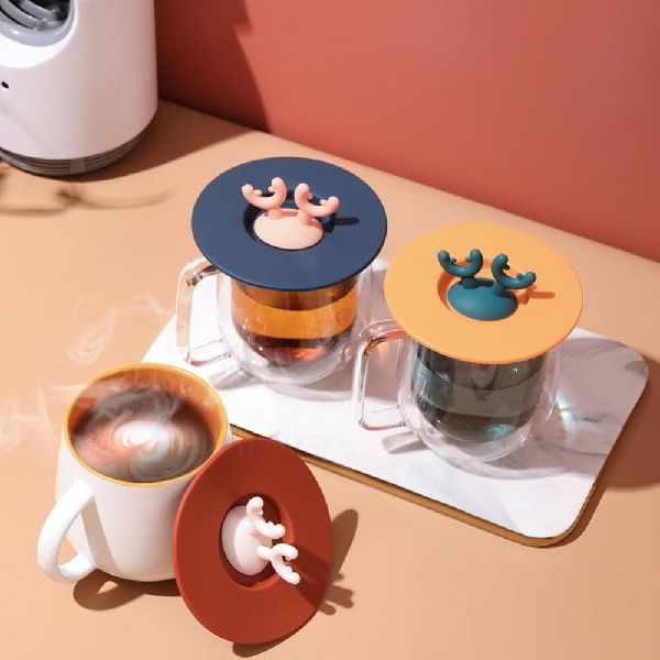 极速1PC Cartoon Antlers Silicone Cup Lid Sealed Leak-proof-图3