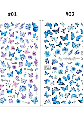 好货1 Sheet Blue Butterfly 3D Nail Stickers Flowers Leaves S