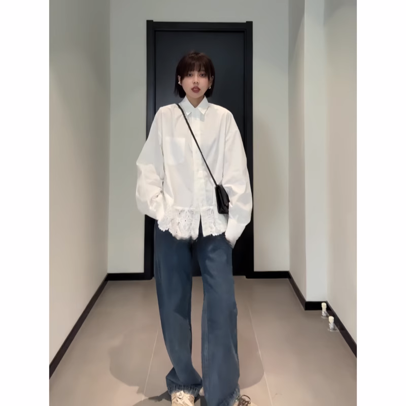 设计感蕾丝拼接白色衬衣女2025新款高级感独特短外套内搭叠穿衬衫,淘宝优惠券,粉丝福利购,淘宝优惠卷