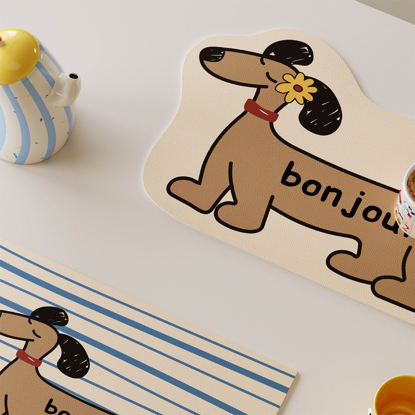 法式花花小狗西餐垫皮革防水防油防烫免洗高级感隔热桌垫小块杯垫,淘宝优惠券,粉丝福利购,淘宝优惠卷