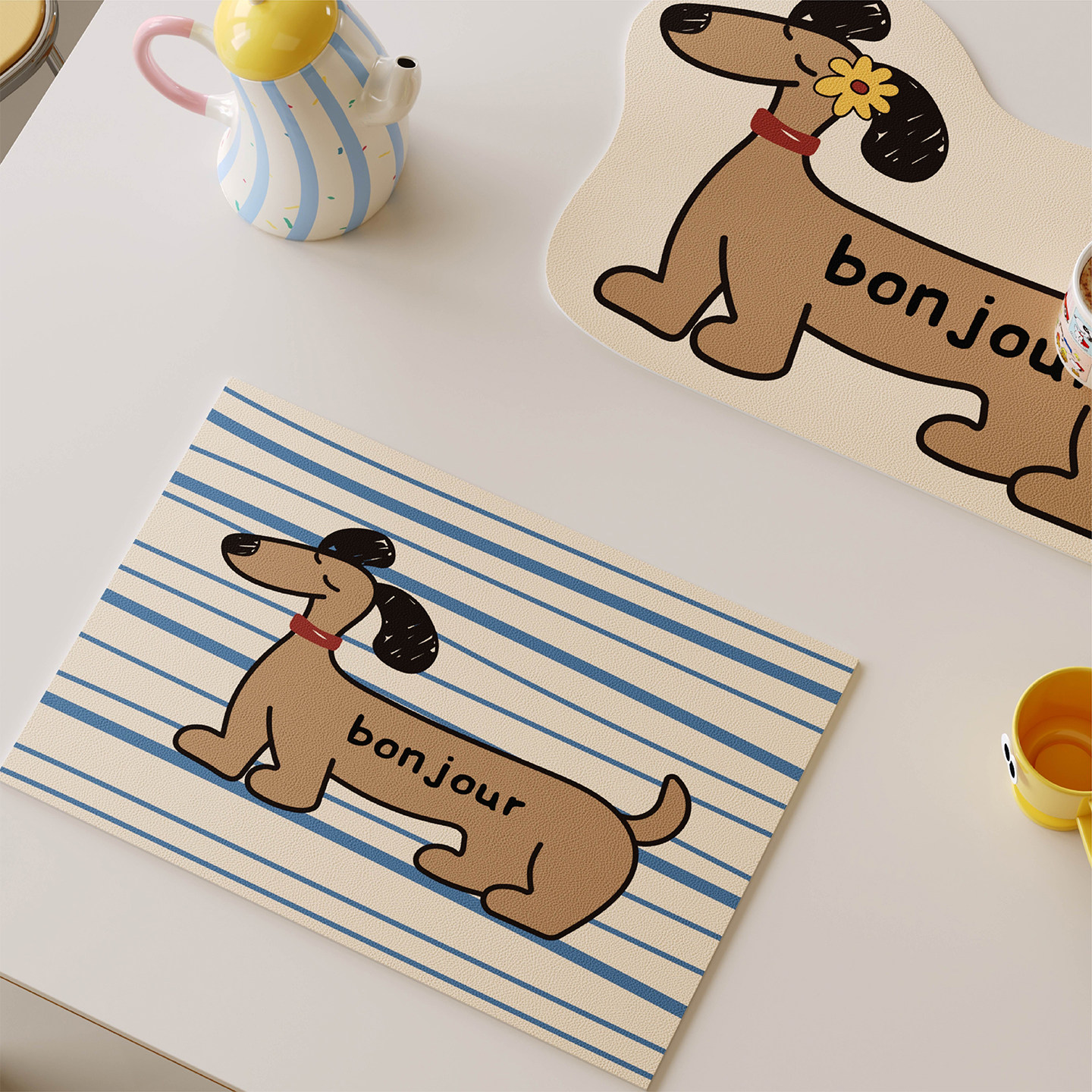 法式花花小狗西餐垫皮革防水防油防烫免洗高级感隔热桌垫小块杯垫,淘宝优惠券,粉丝福利购,淘宝优惠卷