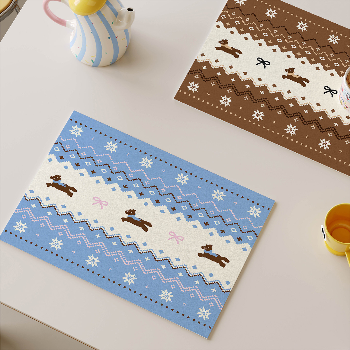 红色费尔岛新年圣诞西餐垫皮革防水防油防烫免洗高级感隔热垫杯垫,淘宝优惠券,粉丝福利购,淘宝优惠卷