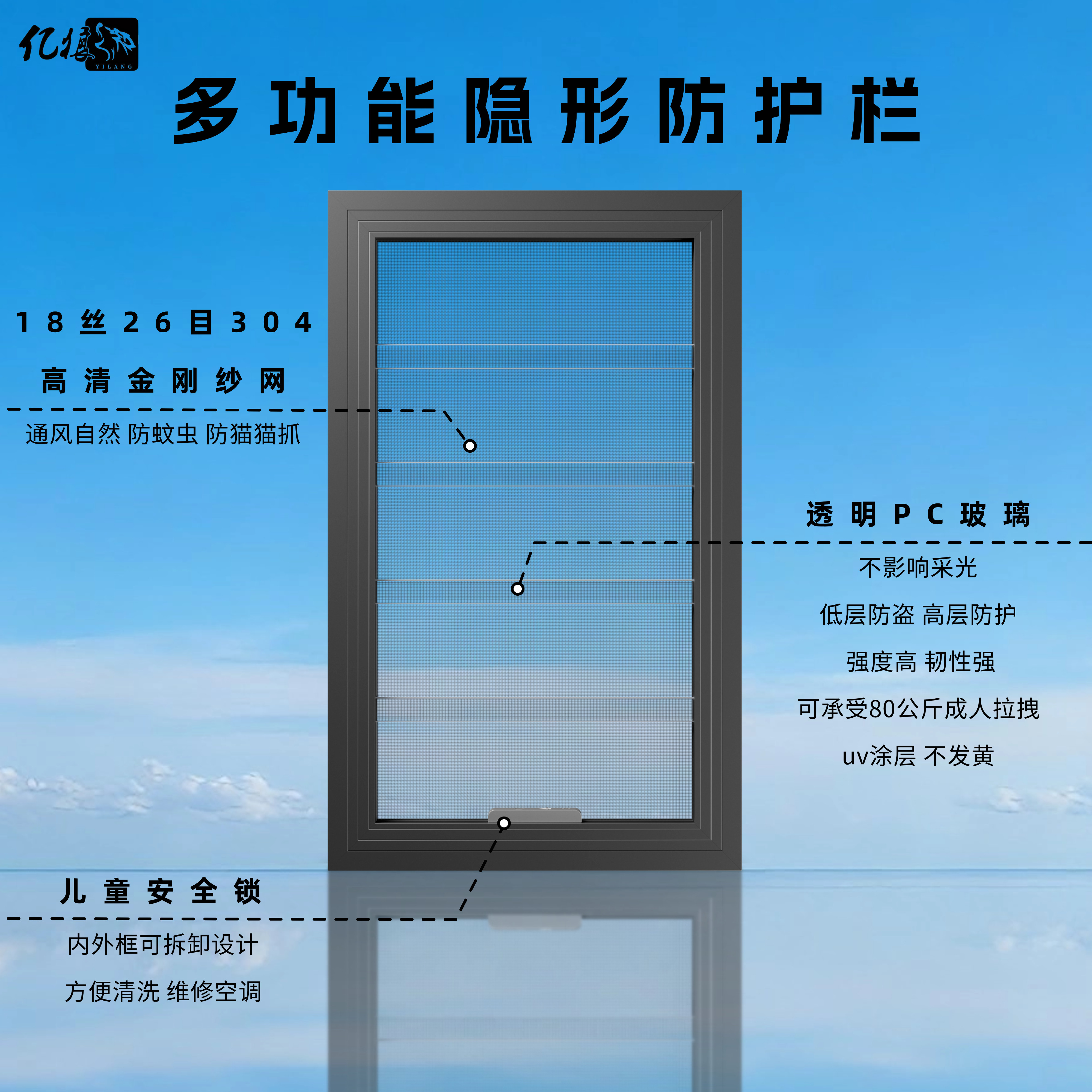 隐形透明pc儿童防护栏高清纱窗纱网一体可拆卸窗户防盗窗上门安装,淘宝优惠券,粉丝福利购,淘宝优惠卷