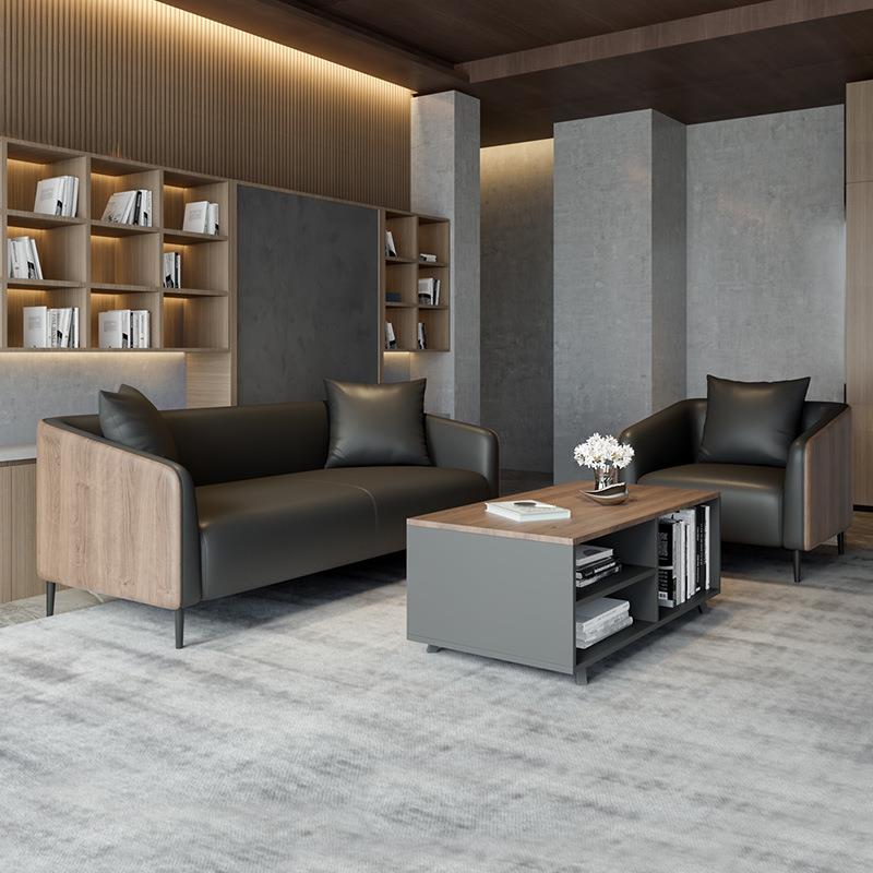 办公室沙发茶几组合简约现代商务会客洽谈接待室公司真皮三人位 - 图1