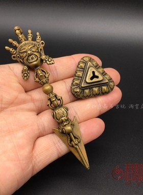 泥泊尔铜法器密宗马头明王带底座金刚杵 黄铜杵五股金刚厥