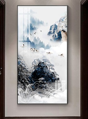 好货迎客松入户玄关装饰画新中式竖款山水画现代简约走廊过道挂画