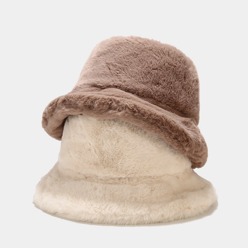 推荐Faux Rabbit Fur Bucket Hat Women Winter Warm Panama Hats - 图0