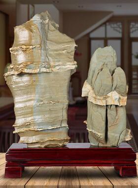 松花石原石摆件天然奇石观赏石头景观石客厅办公桌装饰品实木底座