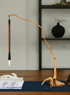 极速梵其新中式现代书房桌面树枝毛笔架样板间P茶室书桌文艺装饰