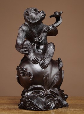 黑檀木雕b猴子摆件生肖猴雕刻工艺品家居客厅装饰实木动物摆设送