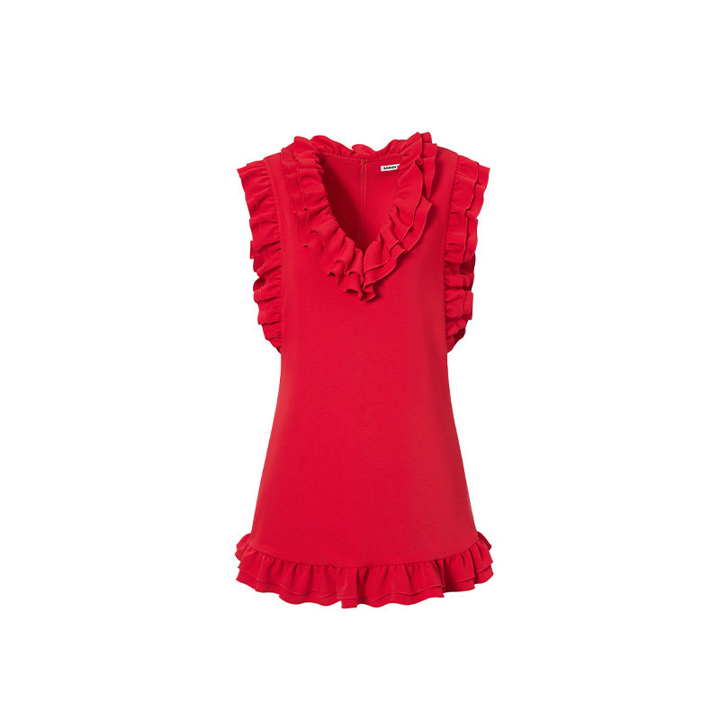 LEDIM WANG设计感荷叶边红色无袖连衣裙女2025春夏新款宽松短裙,淘宝优惠券,粉丝福利购,淘宝优惠卷