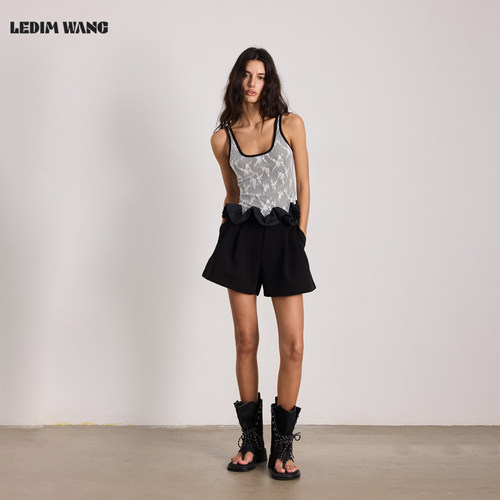 LEDIM WANG荷叶边蕾丝工字吊带背心女黑色修身外穿上衣26夏季新款 - 图2