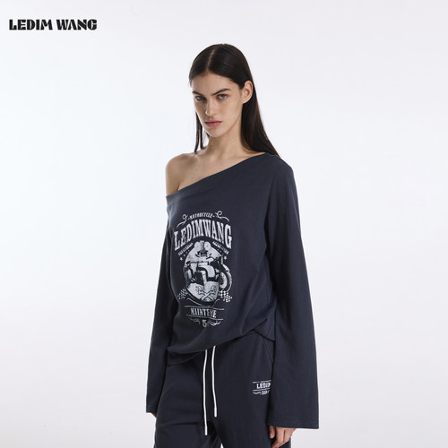 【明星同款】LEDIM WANG美式印花斜肩T恤女26夏新款灰色长袖上衣 - 图0
